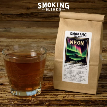 A Package of Neon Herbal Smoking and Tea Blend and a Glass of Neon Tea