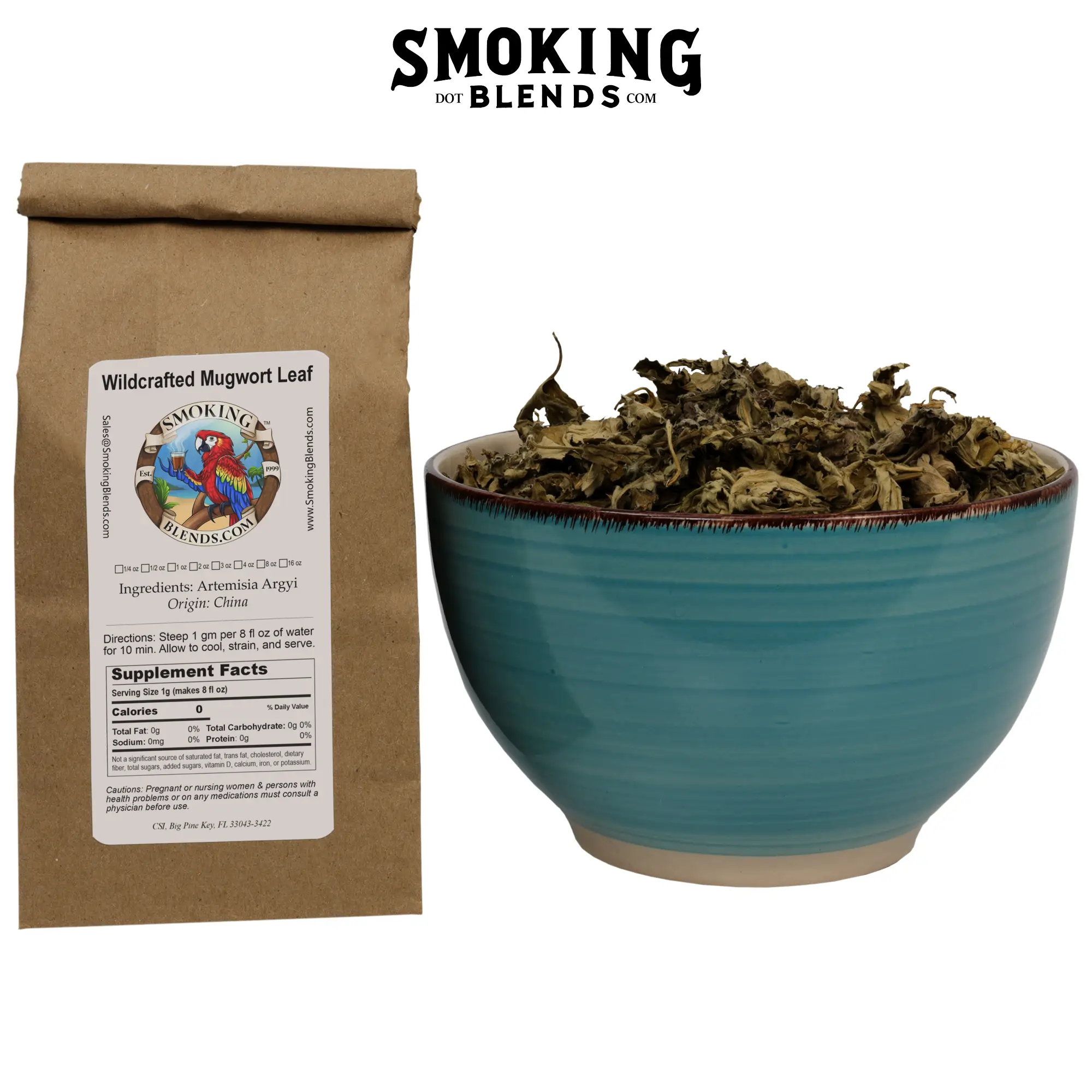 Bowl of Wildcrafted Mugwort Tea and Package