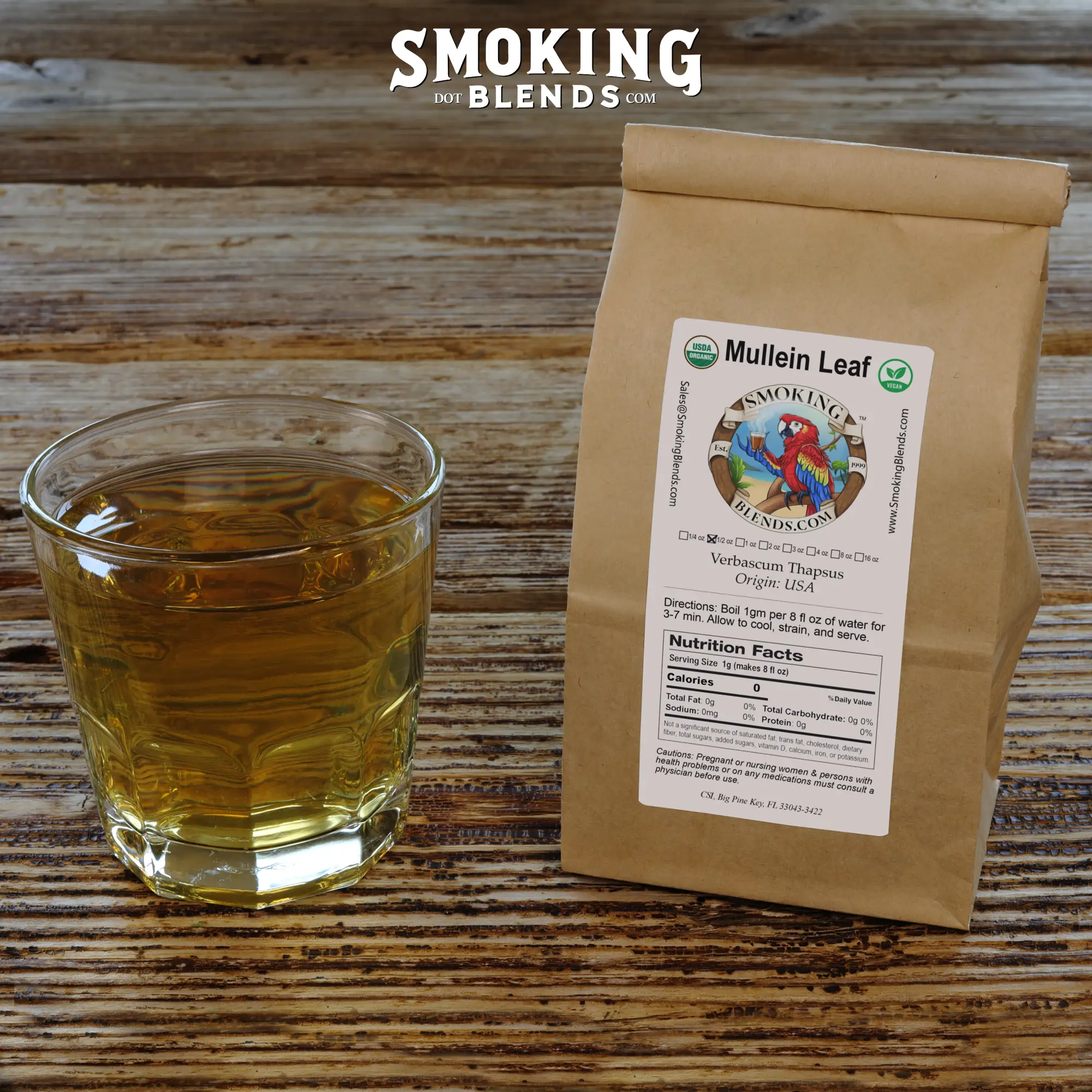 Package and Glass of Mullein Tea