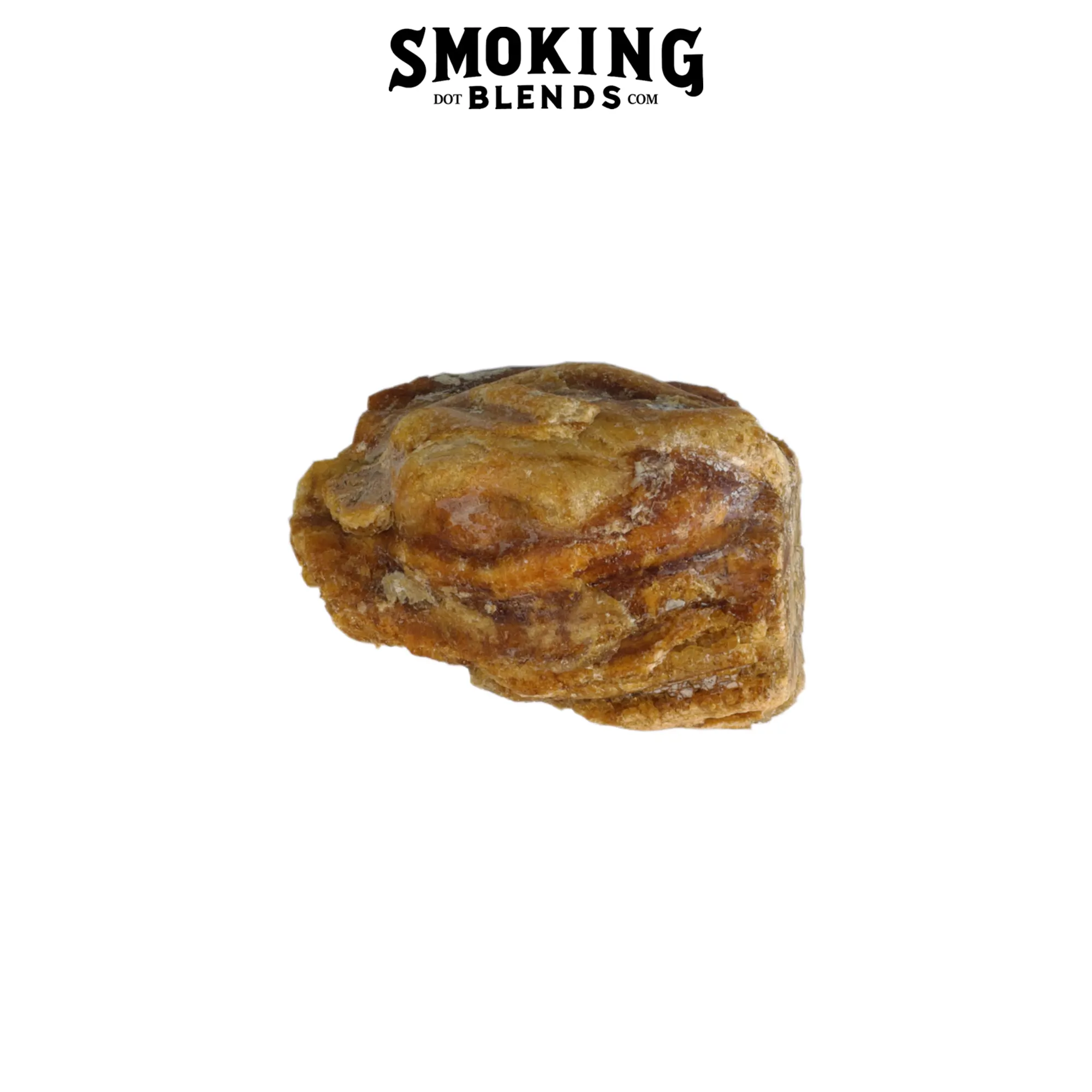 Single chunk of raw amber resin incense showing rich golden and brown colored layers that appear to be naturally formed, on a white background. Product image by SmokingBlends.com.