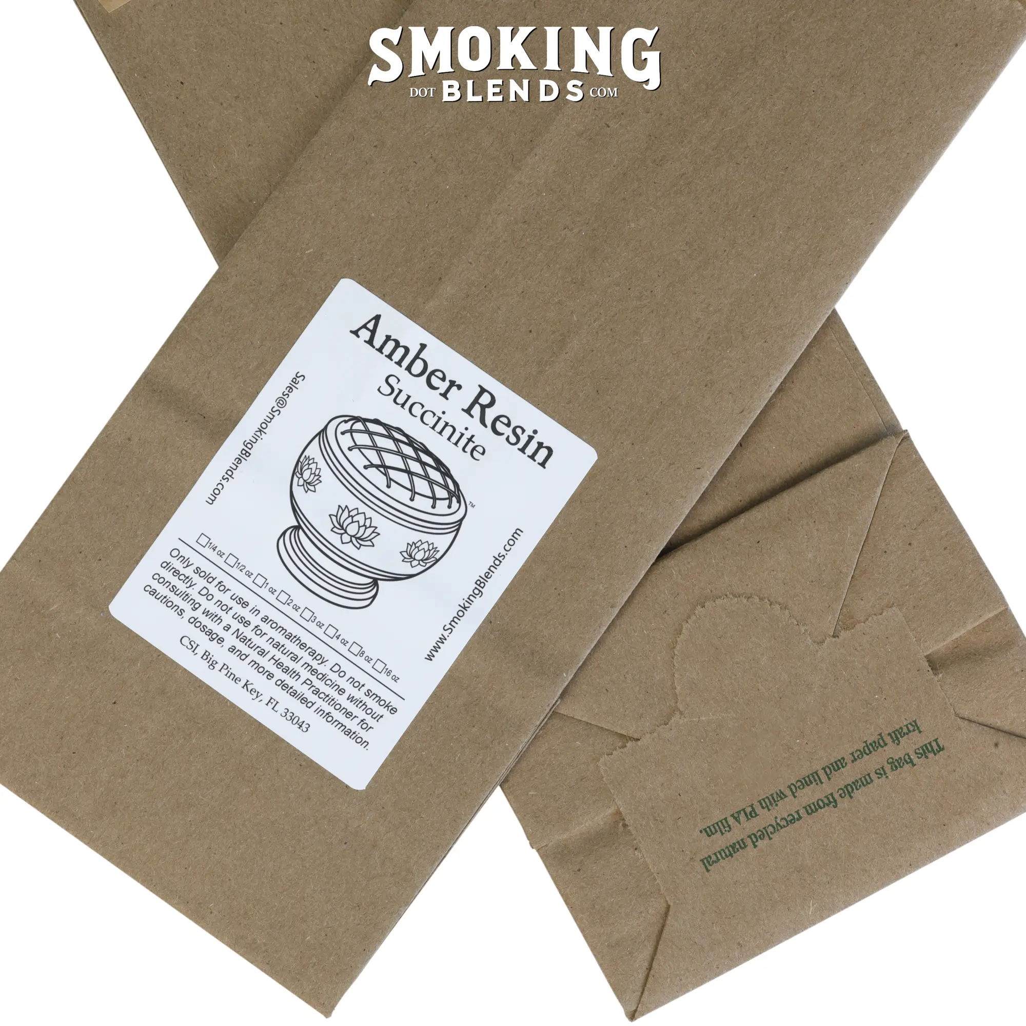 Two brown kraft paper pouches. One pouch shows the front of the package and product label; the bottom of the other package displays green text stating the bag is made from eco-friendly recycled natural kraft paper.