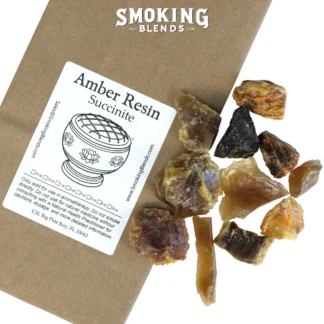 A pile of raw amber resin pieces of various sizes and shapes and shades of translucent yellow, gold, and dark brown, sitting next to a brown kraft paper pouch labeled "Amber Resin (Succinite)."