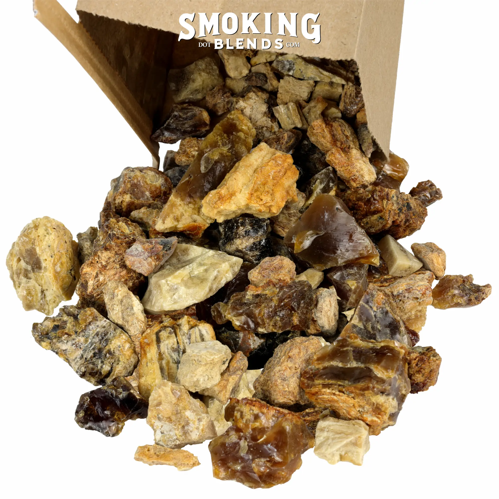 Raw amber resin incense chunks of mixed colors, including deep mahogany, golden amber, sandy tan, and pale yellow pouring from a tin tie kraft paper bag. Pieces range from small pebbles to around an inch; some are smooth and glassy, others rough and matte. At the top of the image, there is a white watermark that says Smoking Blends dot com.