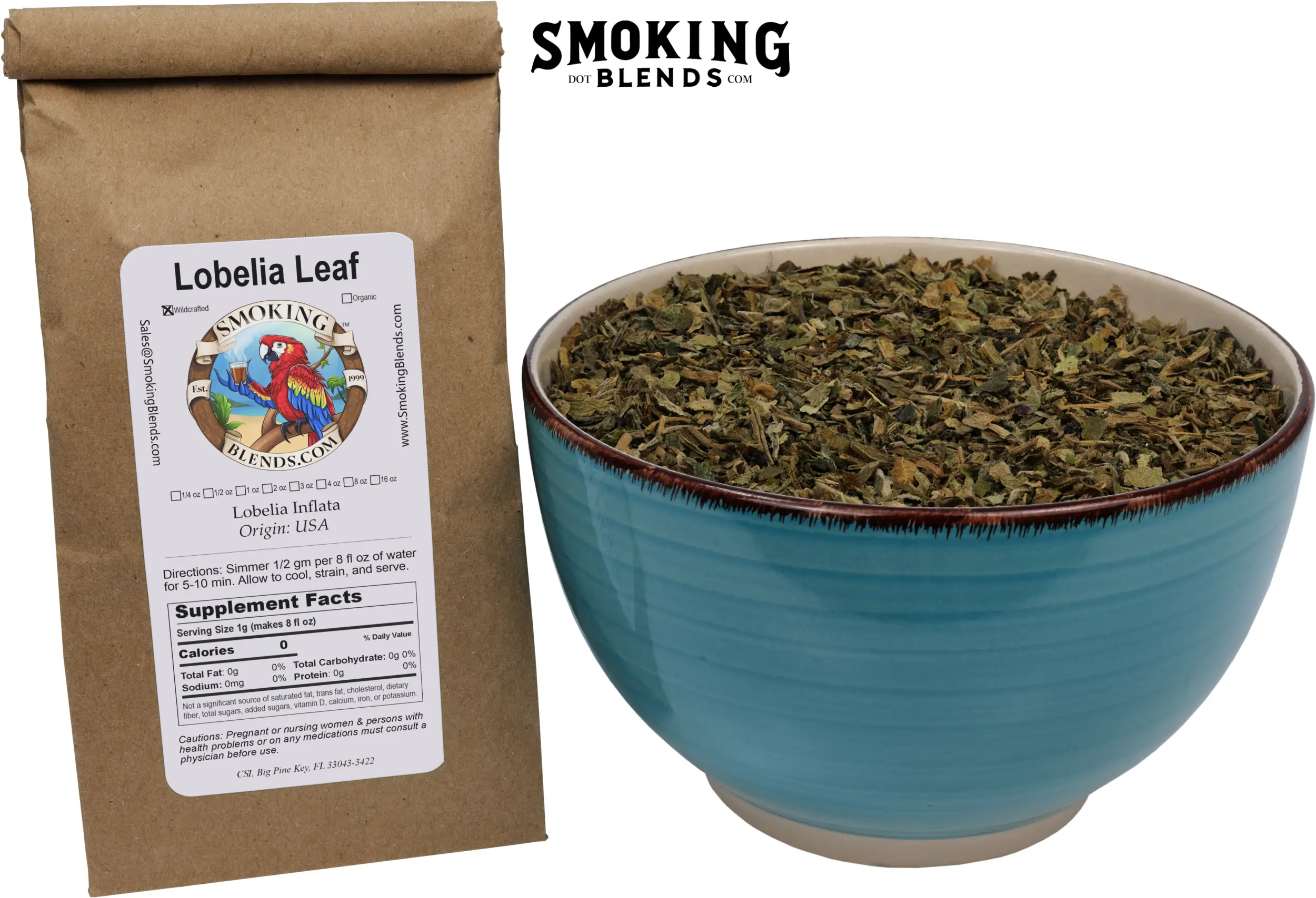 A full retail brown paper pouch of SmokingBlends.com "Lobelia Leaf" (Lobelia Inflata, Origin: USA) standing next to a large teal ceramic bowl filled with the loose dried herb. The product label showing supplement facts and directions is fully visible on the bag.
