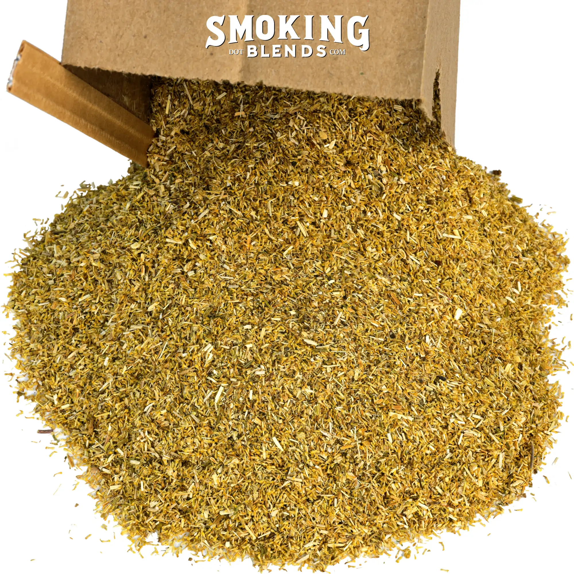 Crushed chamomile flowers are being poured from a tin-tie kraft paper bag. The flowers are broken down into small pieces, forming a large yellow pile with a small amount of green. The material appears very clean with no visible dust. At the top of the image, there is a white watermark that says Smoking Blends dot com.