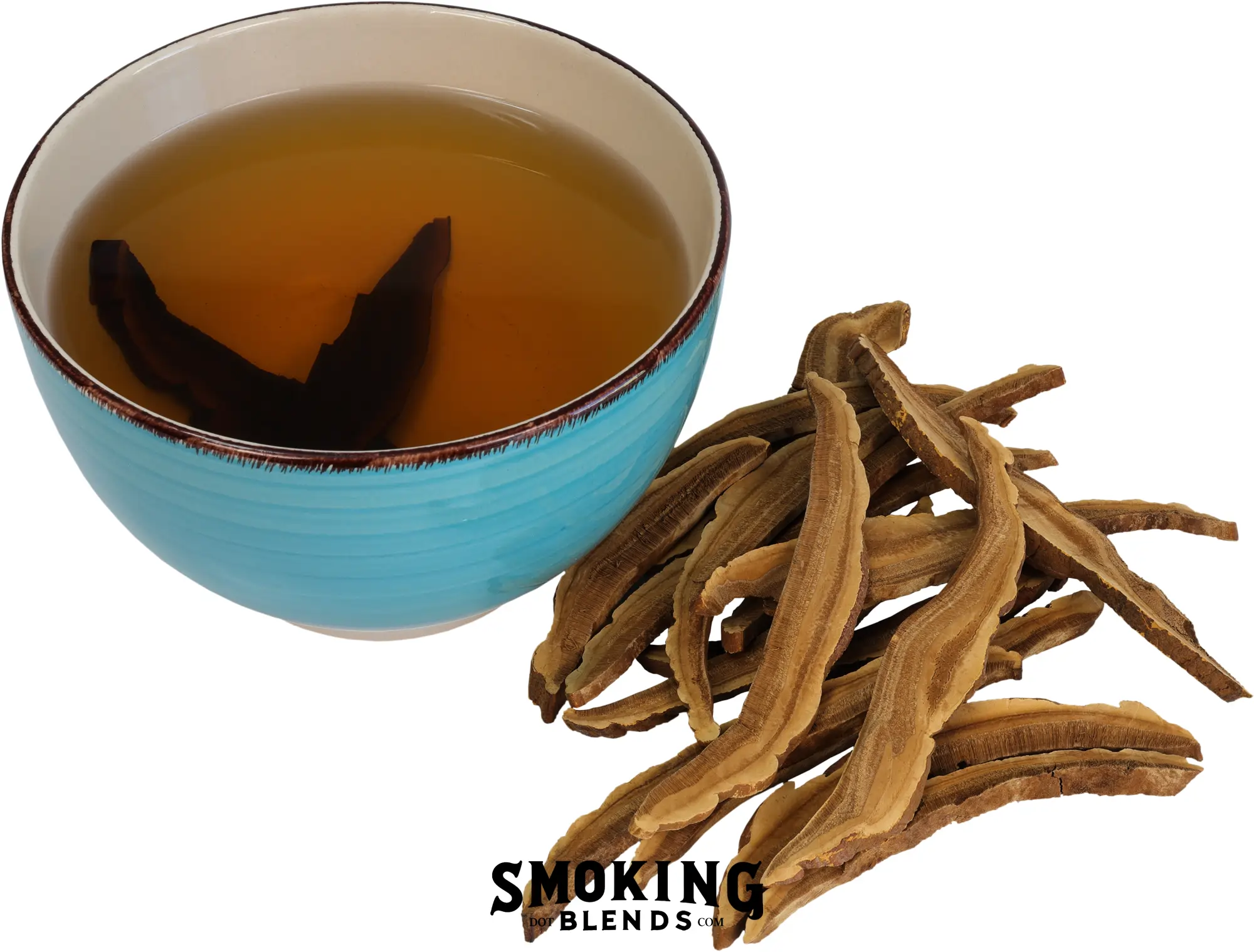 A pile of woody dried Reishi mushroom slices arranged next to a blue ceramic bowl containing hot, amber-colored Reishi tea.