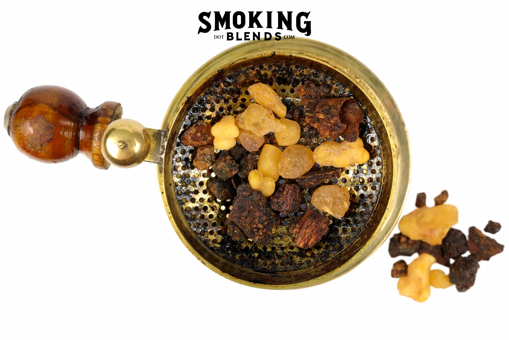 The image displays a close-up, top-down view of yellow frankincense and dark brown myrrh resin pieces sitting in a tealight candle resin incense burner.