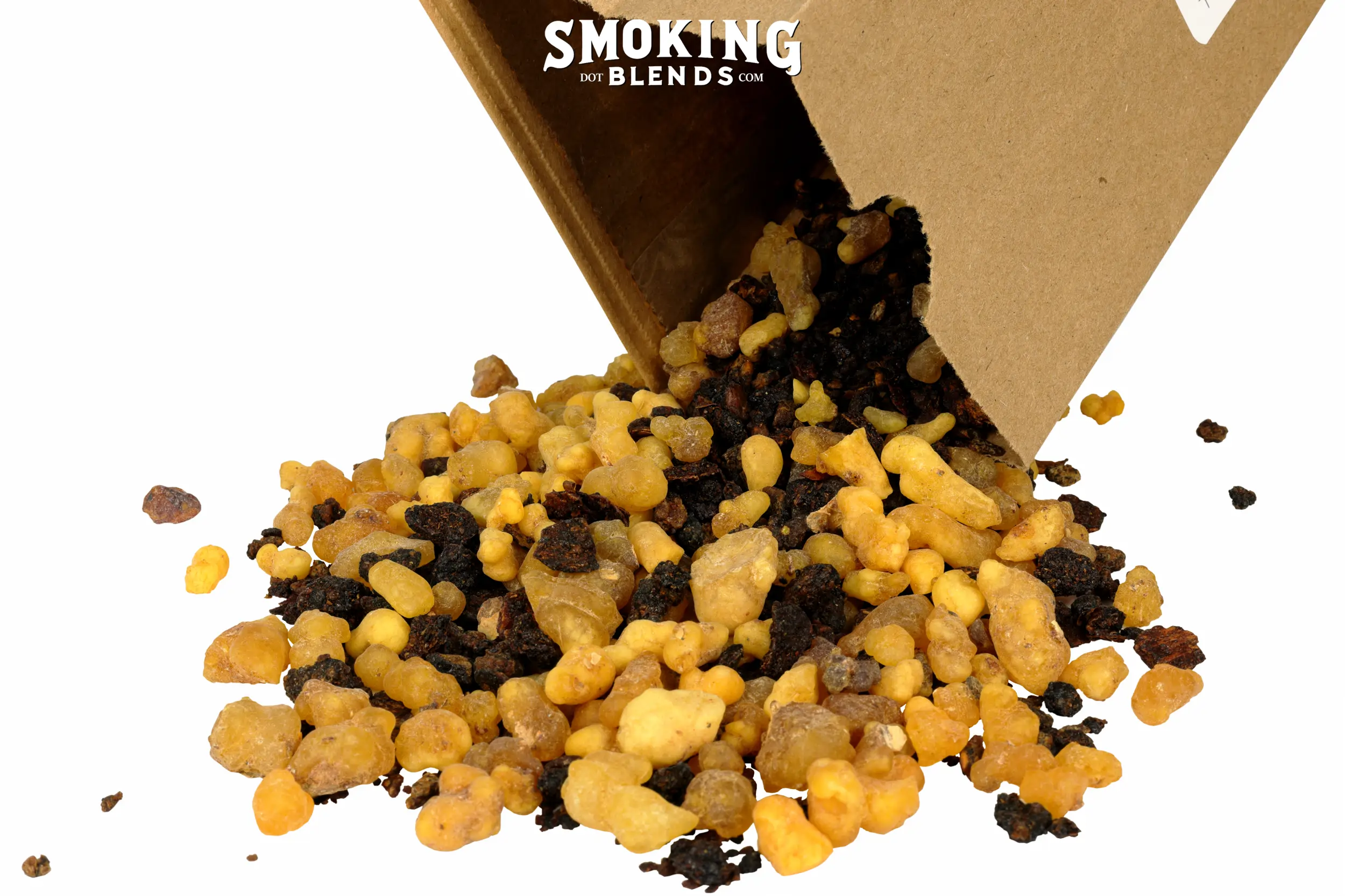 The image displays yellow frankincense and dark brown myrrh resin chunks of different sizes being poured from a lined kraft paper pouch.