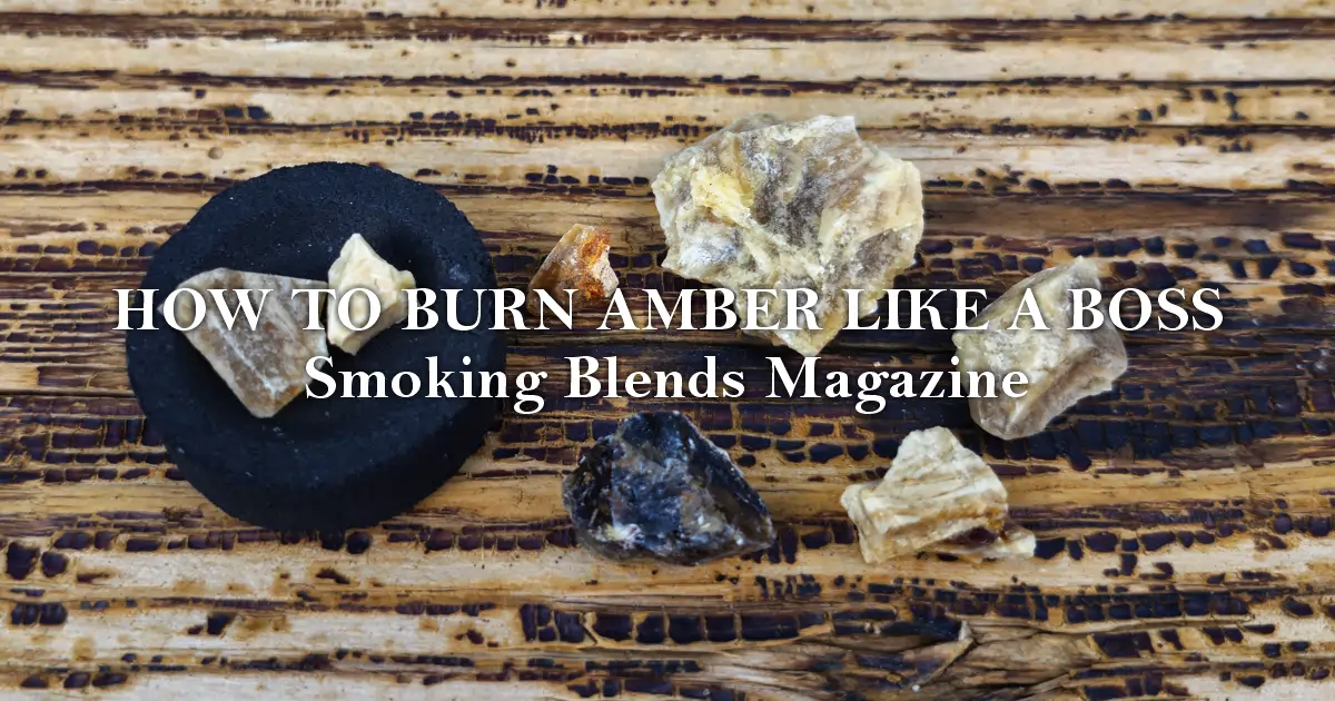 This featured image for the article “How to Burn Amber Like a Boss” displays the title of the article in the center of the image with “Smoking Blends Magazine” underneath. The image shows a black charcoal disk and amber chunks of various sizes and shapes ranging from a light brown to blackish brown sitting on a rough wood table.