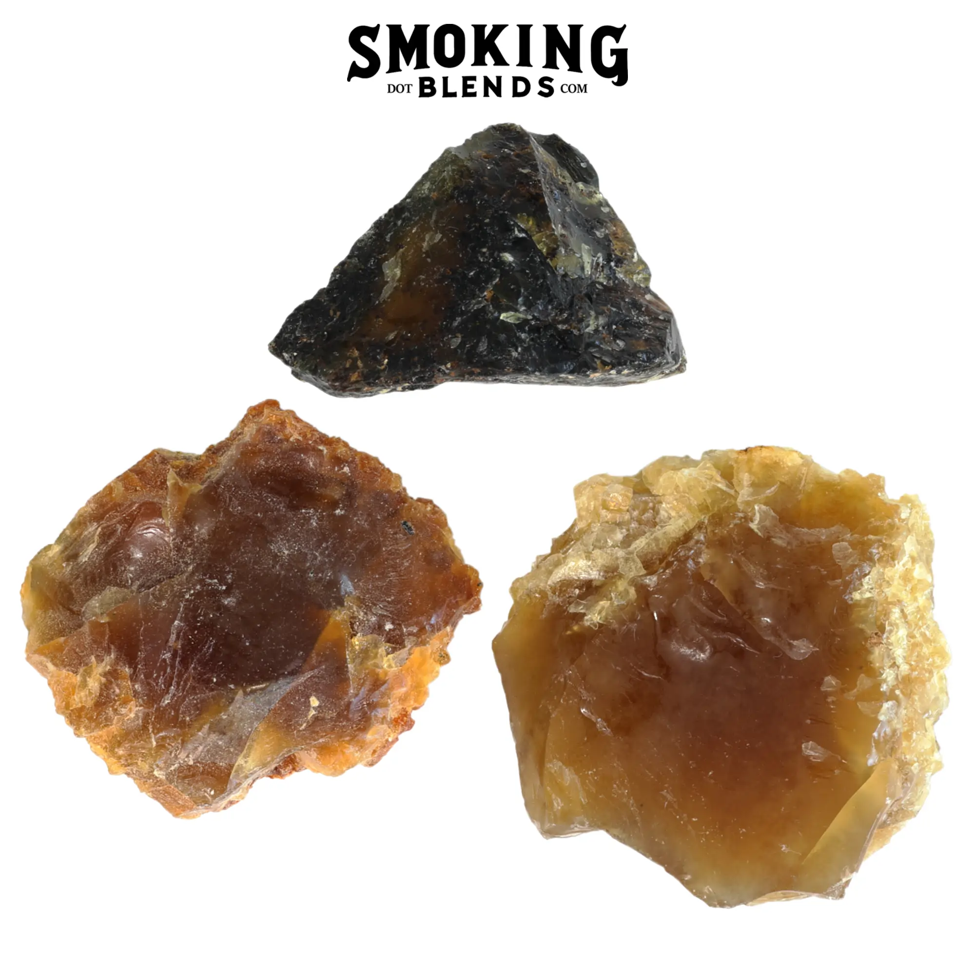 Three large pieces of raw amber resin incense—a dark brown triangular piece, a reddish-brown chunk, and a translucent golden-honey chunk—on a white background. Product image by SmokingBlends.com.