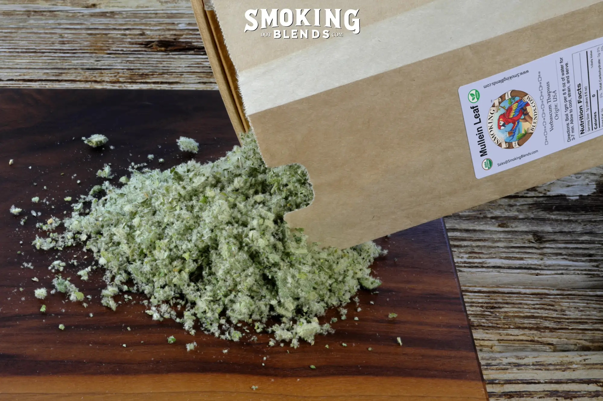 package-of-mullein-tea-blend-being-poured-onto-a-wood-tray