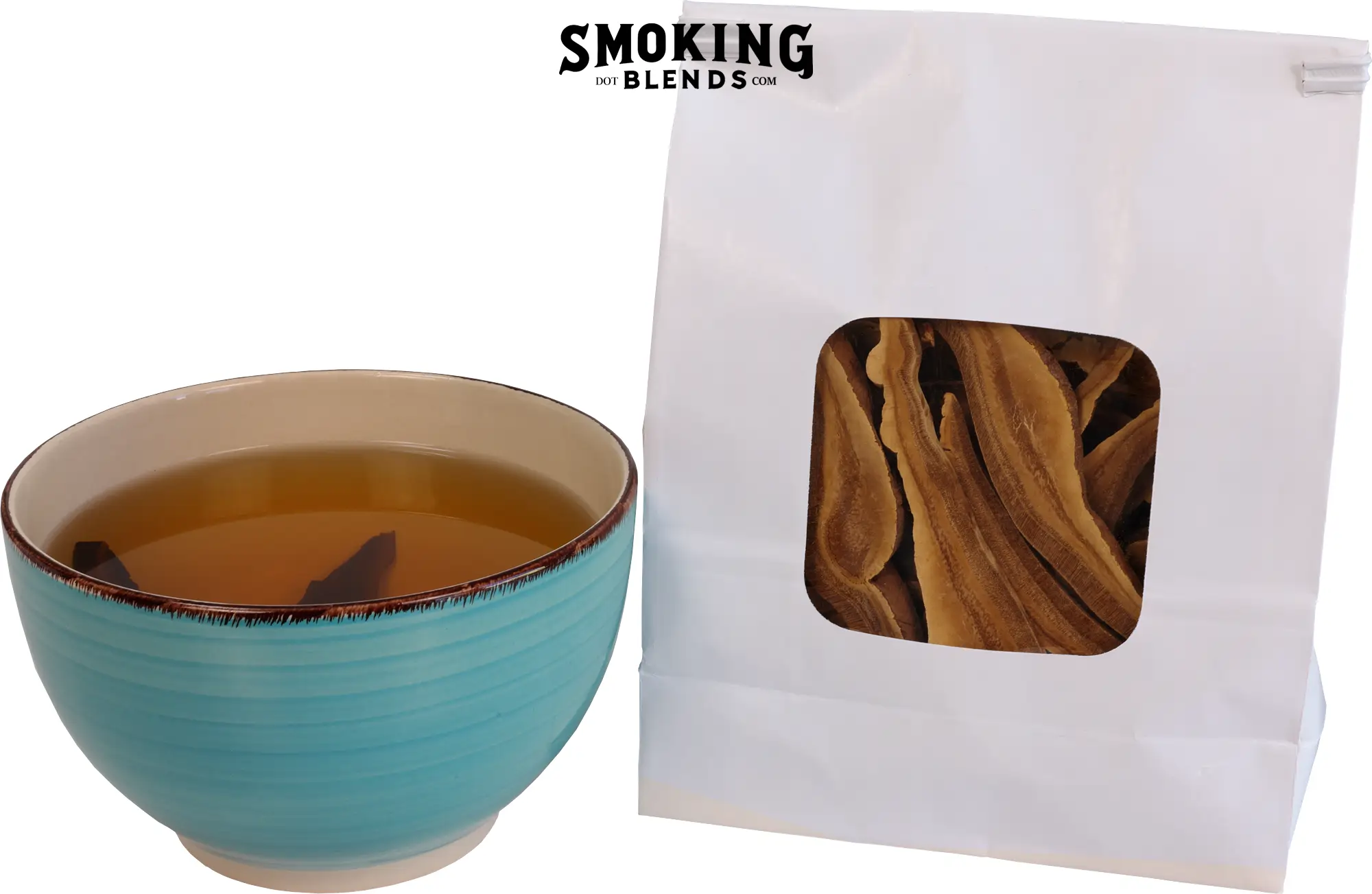 White product packaging with a clear window revealing dried Reishi mushroom slices, positioned next to a cup of brewed herbal tea.