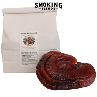 Large, whole dried Reishi mushroom cap displayed next to a white product bag with label and supplement facts.